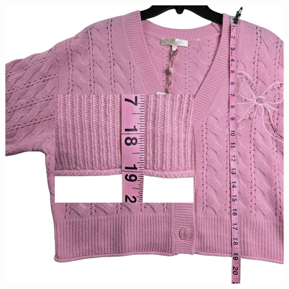 NWT LoveShackFancy Leota Wool Cashmere‎ Cardigan Pink Cable Knit Bow Sweater XL